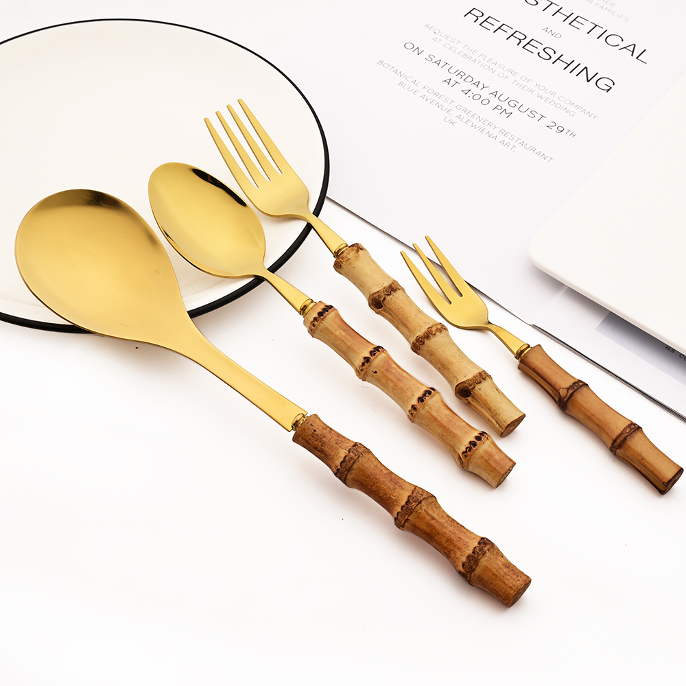 6Pcs Gold Natural Bamboo Handl - Bamboo Cutlery recension och pris